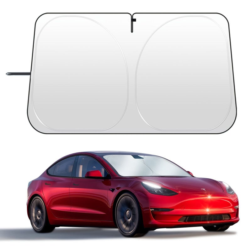 واقي شمسي للزجاج الأمامي لسيارة Tesla Model 3 Y 2020 2025، مصنوع من ألياف البوليستر العاكسة التي تحجب الحرارة وأشعة الشمس، قابل للطي، مع فتحة مخصصة للمرآة الخلفية، مقاوم للبهتان. - Image 2