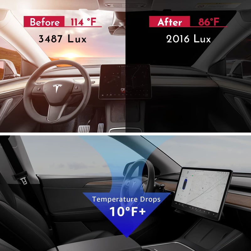 واقي شمسي للزجاج الأمامي لسيارة Tesla Model 3 Y 2020 2025، مصنوع من ألياف البوليستر العاكسة التي تحجب الحرارة وأشعة الشمس، قابل للطي، مع فتحة مخصصة للمرآة الخلفية، مقاوم للبهتان. - Image 4