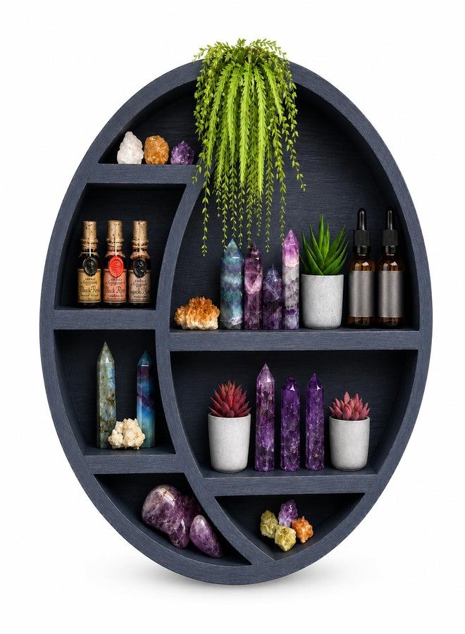 Nimpro Wooden Crescent Moon Shelf Wall Decor - Decorative Boho Home Hanging Display Shelf for Bedroom, Dorm, Nursery - Easy Mount Storage for Crystals and Essential Oils - 14 x 14 x 3.5 (Navy) - Image 1