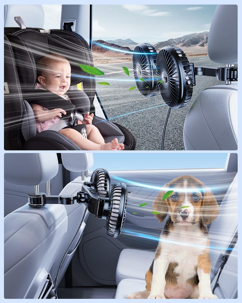 ELOHEI Backseat Car Fan,12V Quiet 3 Speed 360Â° Rotate Dual Head Usb Car Fans Strong Wind Power for Universal Cars SUV Sedan Trucks(Black) - Image 2