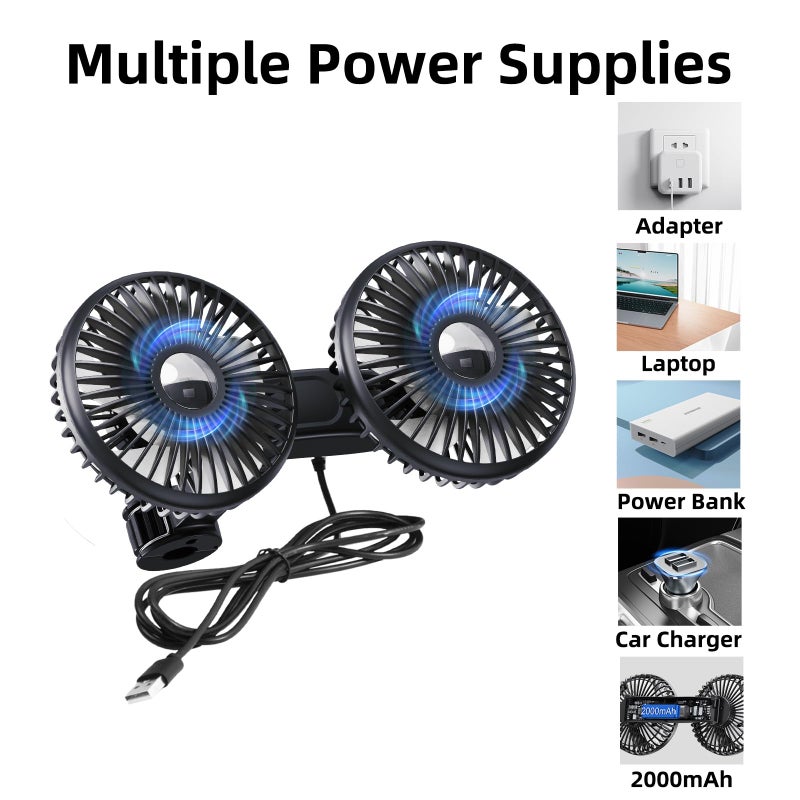 ELOHEI Backseat Car Fan,12V Quiet 3 Speed 360Â° Rotate Dual Head Usb Car Fans Strong Wind Power for Universal Cars SUV Sedan Trucks(Black) - Image 4