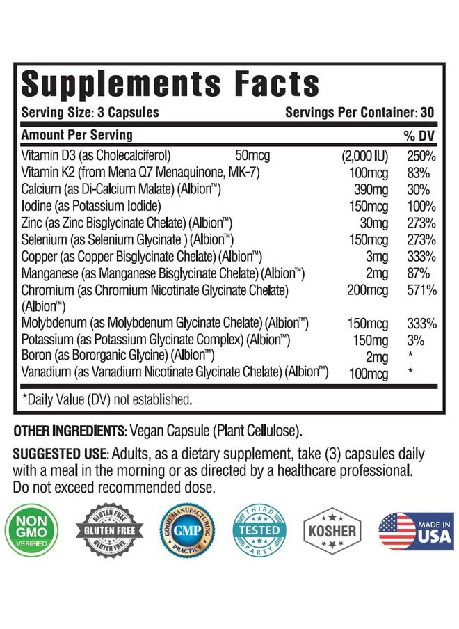 KAPPA NUTRITION - (90 Capsules) Vitamin K2 Vitamin D3 Zinc Selenium Vanadium Copper Manganese Potassium Molybdenum Calcium Chromium Iodine Boron Mineral 13 In 1 Advanced Complex From - Image 1