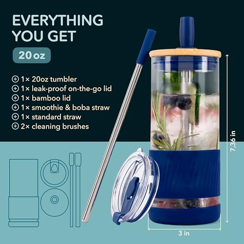 Pandaloo® Glass Cups With Lids and Straws -20 Fl Oz- Perfect Size Iced Coffee Cup - Smoothie Cup With Bamboo Lid and On the go Lid (Galactic Blue, 1 Count (Pack of 1)) - Image 2
