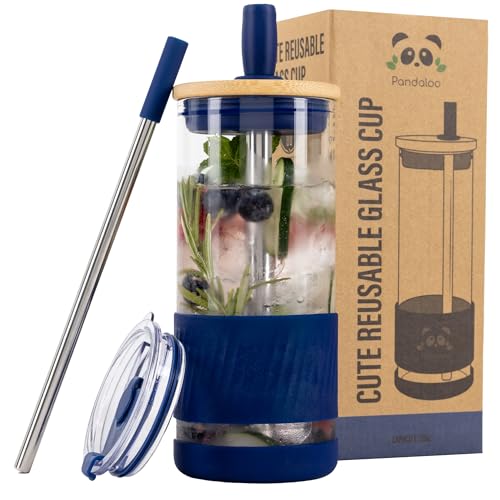 Pandaloo® Glass Cups With Lids and Straws -20 Fl Oz- Perfect Size Iced Coffee Cup - Smoothie Cup With Bamboo Lid and On the go Lid (Galactic Blue, 1 Count (Pack of 1)) - Image 1