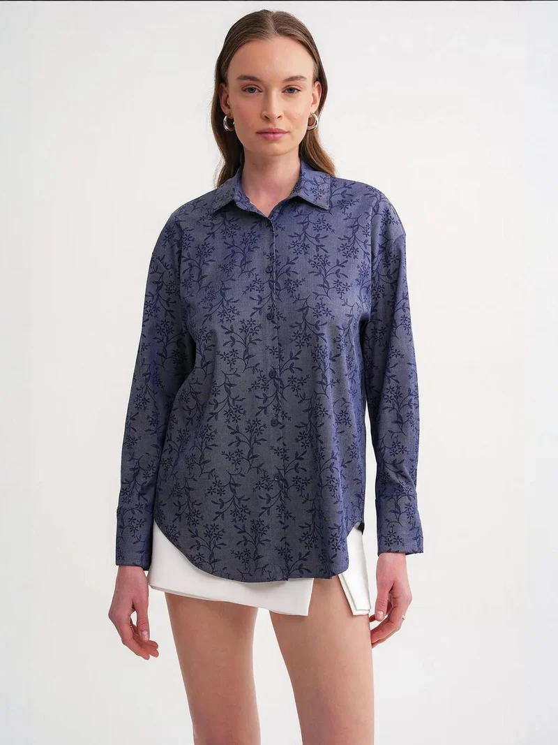 MixRay Moroccan Blue Mixray Floral Print Shirt for Women | Best Price UAE