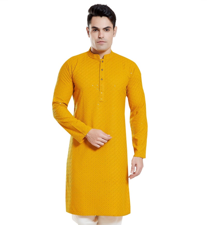 DIVISIVE Men's Sequince Embroidered Cotton Blend Only Slim Fit Kurta (DKRT135_S_Yellow) - Image 1