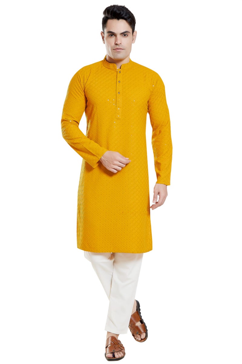 DIVISIVE Men's Sequince Embroidered Cotton Blend Only Slim Fit Kurta (DKRT135_S_Yellow) - Image 2