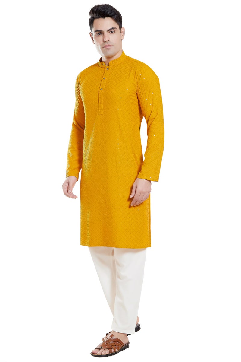DIVISIVE Men's Sequince Embroidered Cotton Blend Only Slim Fit Kurta (DKRT135_S_Yellow) - Image 3