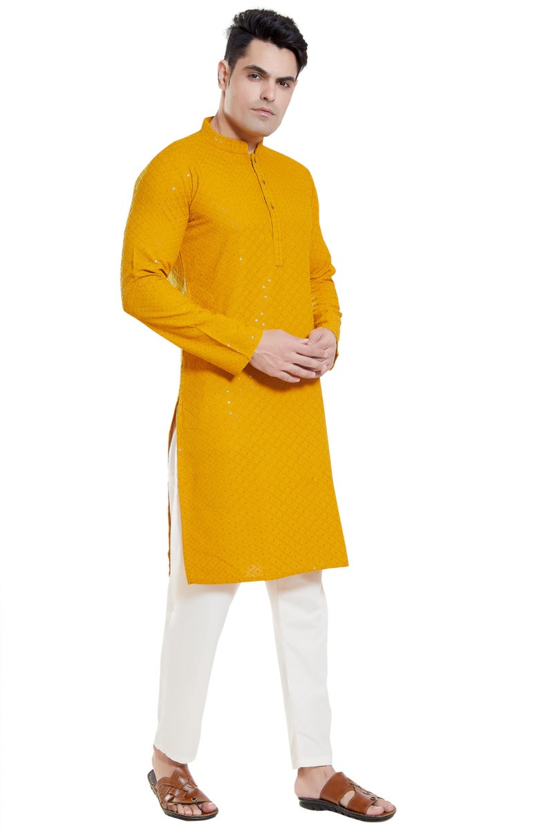 DIVISIVE Men's Sequince Embroidered Cotton Blend Only Slim Fit Kurta (DKRT135_S_Yellow) - Image 4
