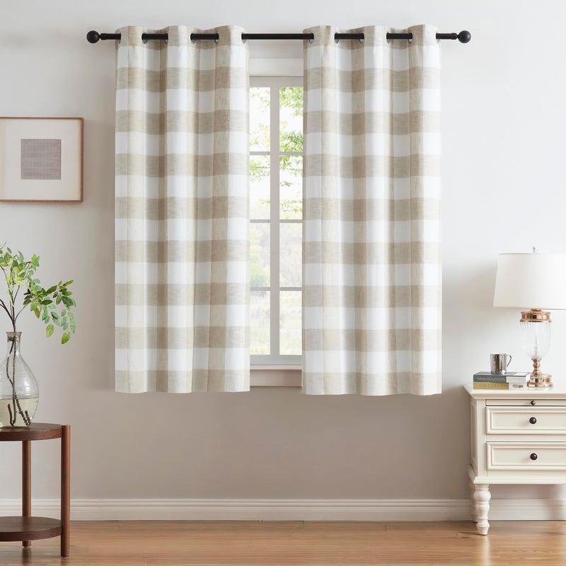 Bapawfish Short Tan White Buffalo Plaid Full Blackout Window Curtains Checkered Vintage Linen Textured Grommet Panels Thermal Insulated Drapes Farmhouse Bedroom Window Treatment,Living Room,40"x63"x2 - Image 1