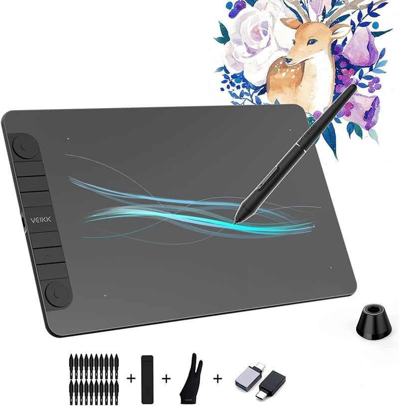 فايك لوحة رسم VEIKK VK1060PRO بحجم 10×6 بوصة مع 8 مفاتيح اختصار، وتصميم قرص مزدوج، و8192 مستوى ضغط، وقلم بدون بطارية، متوافقة مع Windows/Mac OS/Android/Linux - Image 1