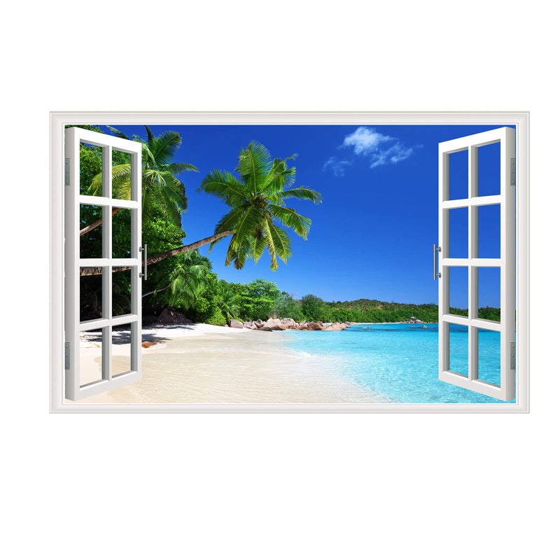 Amtoodopin 3D Beach Fake Window Wall Stickers Tropical Island with Palm Trees Wall Mural Window View Wall Decor for Home