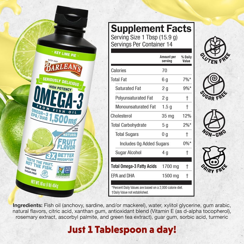 Barleans Organic Oils Seriously Delicious Omega3 High Potency Fish Oil Key Lime Pie 16 Fl Oz - Image 2