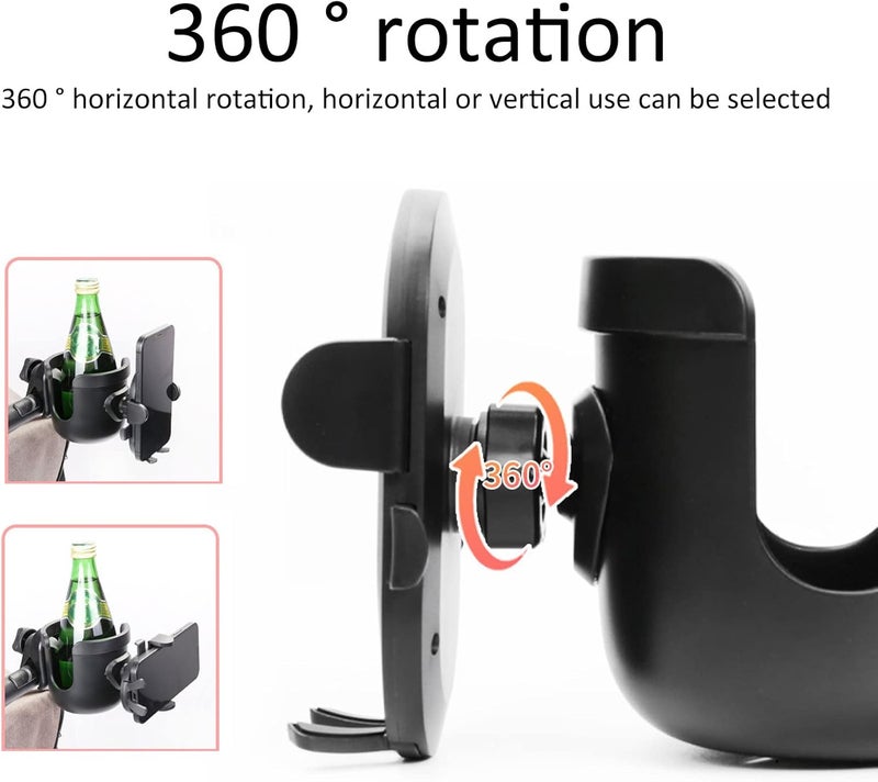 cheekyglo Stroller Cup Holder, Universal Drinks Holder with Phone Mount, 360 Degrees Rotation, Bike Cup Holder for Stroller, Wheelchair, Walker, Scooter, Cup Holder for Stroller - Image 3