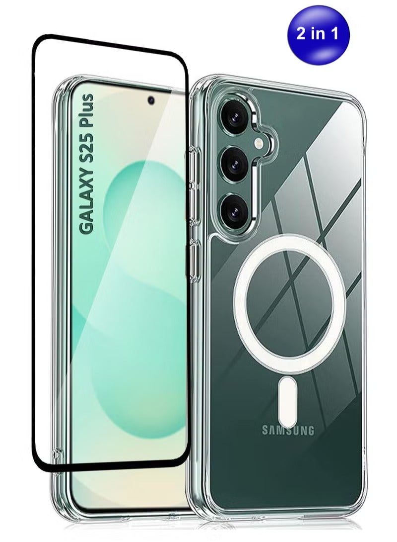INEIX For Samsung Galaxy S25 Plus - 2 in 1 Pack Crystal Clear Flexible Protective Silicone -MagSafe/Wireless Charging Back Case and Tempered Glass Screen Protector - Image 1