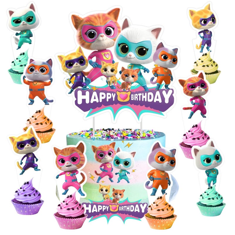 BNFUO 25pcs Super Cats Cake Decorations with 24pcs Cupcake Toppers, 1pcs Cake Topper for cats Birthday Party Supplies - Image 1