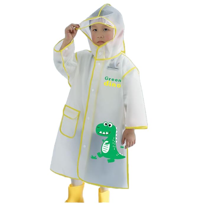 Bold N Elegant Polyester Blend Transparent Dinosaur Print Kid's Waterproof Raincoat Rain Standard Length Jacket Suit With Hood&Visor For Young Lil Toddler Tween School Boys&Girls(6-7 Years,Yellow) - Image 1