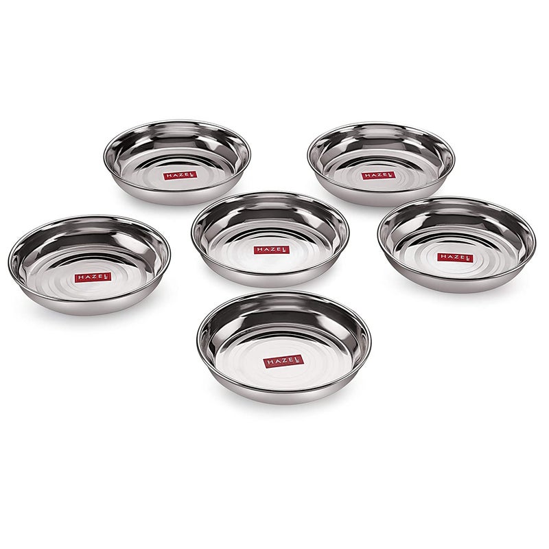 HAZEL Steel Plate | 12 cm Medium Multipurpose Stainless Steel Plates Set for Kitchen | Serving Plate for Snacks with a Glossy Finish, Set of 6 - Image 1