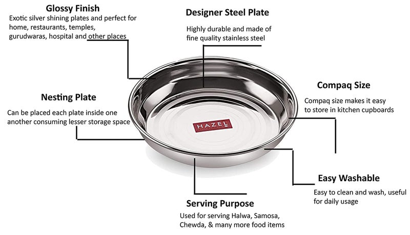 HAZEL Steel Plate | 12 cm Medium Multipurpose Stainless Steel Plates Set for Kitchen | Serving Plate for Snacks with a Glossy Finish, Set of 6 - Image 3
