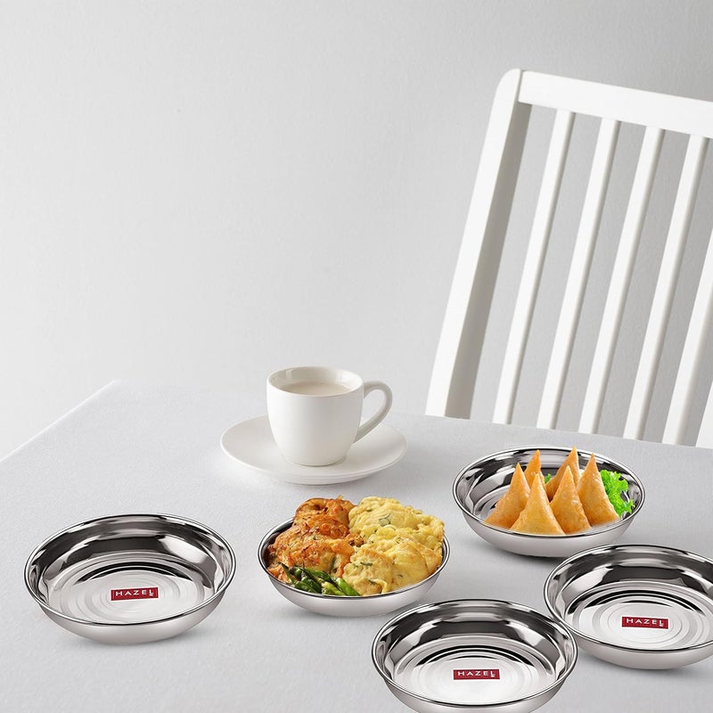 HAZEL Steel Plate | 12 cm Medium Multipurpose Stainless Steel Plates Set for Kitchen | Serving Plate for Snacks with a Glossy Finish, Set of 6 - Image 2