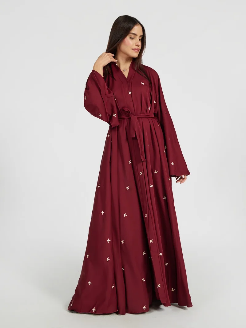 Reem Abayas Maroon Flared Abaya with Delicate Floral Leaf Embroidery