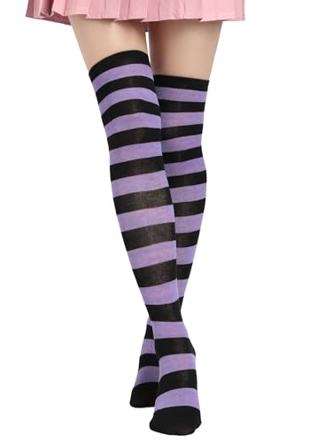 DAZCOS Striped Thigh High Socks Elastic Over The Knee Knit Stockings for Daily or Anime Cosplay (Purple+black) - Image 1