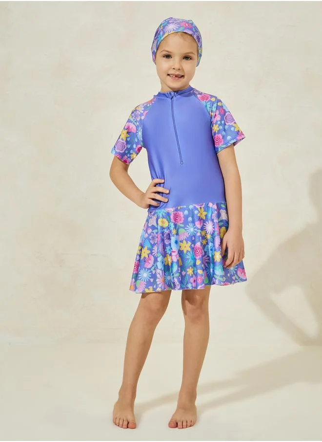 ستايلي Floral Print Quick-Drying Swimsuit with Cap