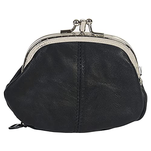 LB LEATHERBOSS Leatherboss Leather Women's Coin Holder Pouch Purse Double Frame Wallet with Zipper Pocket, Black - Image 1