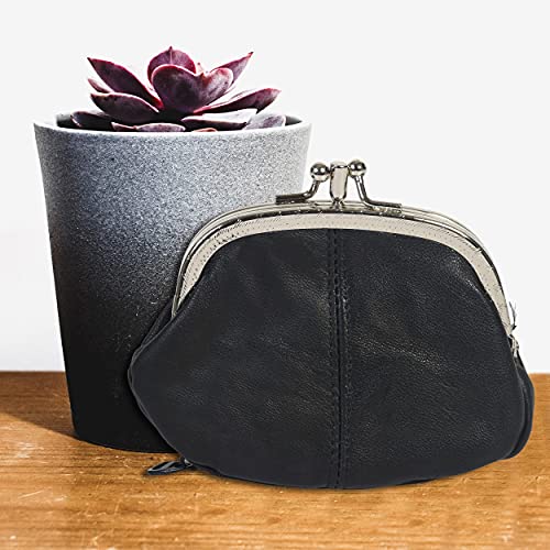 LB LEATHERBOSS Leatherboss Leather Women's Coin Holder Pouch Purse Double Frame Wallet with Zipper Pocket, Black - Image 4