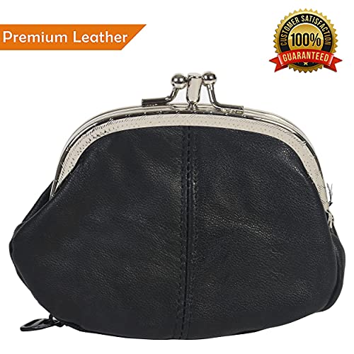LB LEATHERBOSS Leatherboss Leather Women's Coin Holder Pouch Purse Double Frame Wallet with Zipper Pocket, Black - Image 5