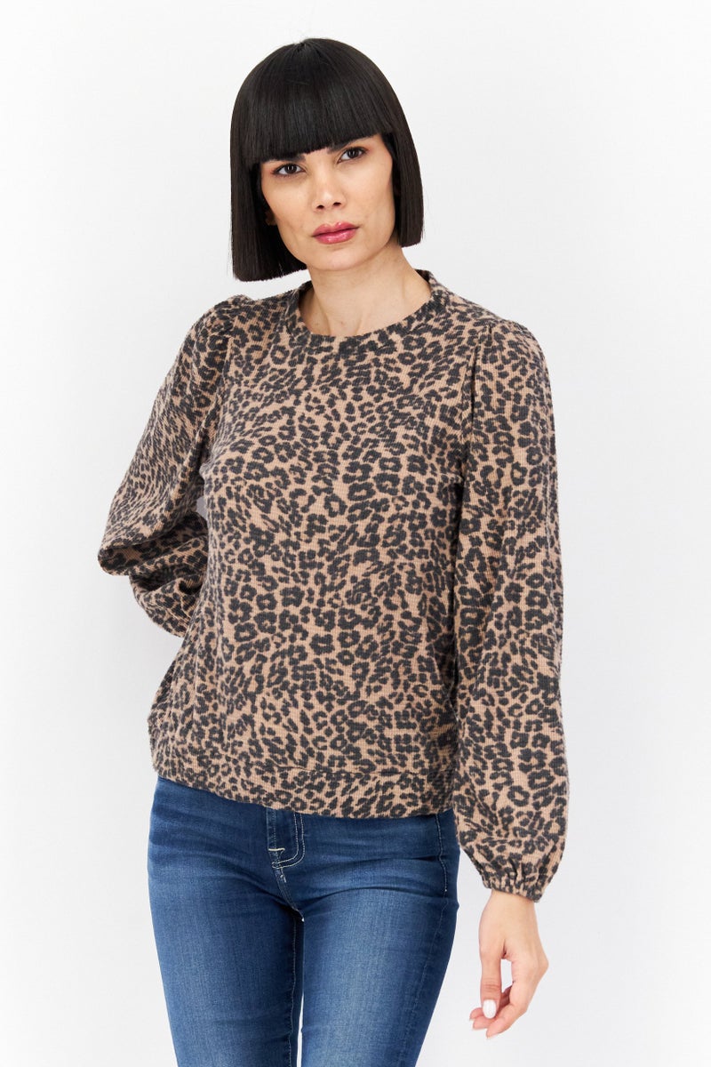 Riley & Rae Women Round Neck Animal Print Long Sleeve Top, Black - Image 1
