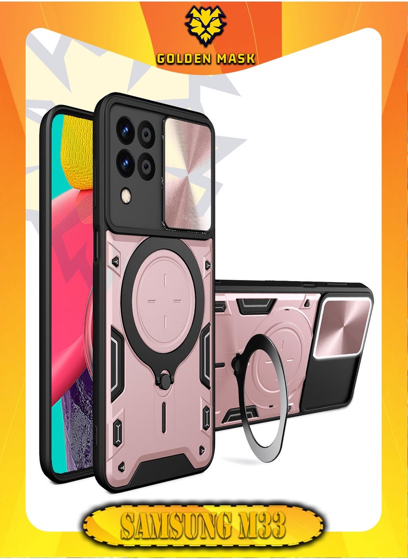 جولدن ماسك جولدن ماسك لهاتف سامسونج جالاكسي ام 33 (Samsung Galaxy M33) جراب حماية مع باب جرار لحماية عدسة  الكاميرا المدرعة مدمج بزاوية 360 درجة - (روز جولد) 
