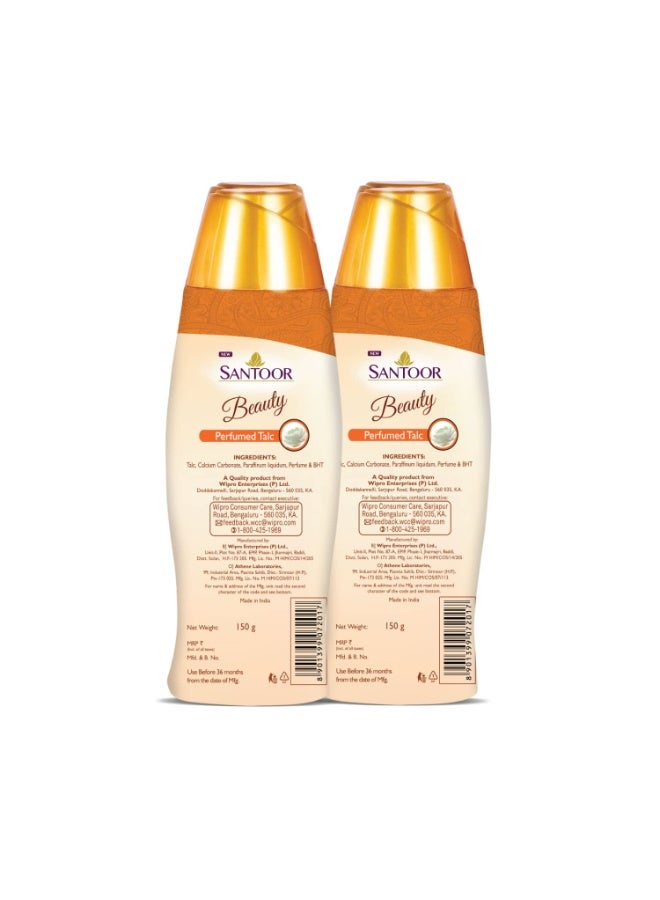 Santoor Beauty Perfumed Talc with Sandalwood Extracts| Sandal, Rose, Musk & Geranium Mint Fragrance| Absorbs Excess Moisture| Dermatologically Tested| For All Skin Types (150g, Pack of 2) - Image 4