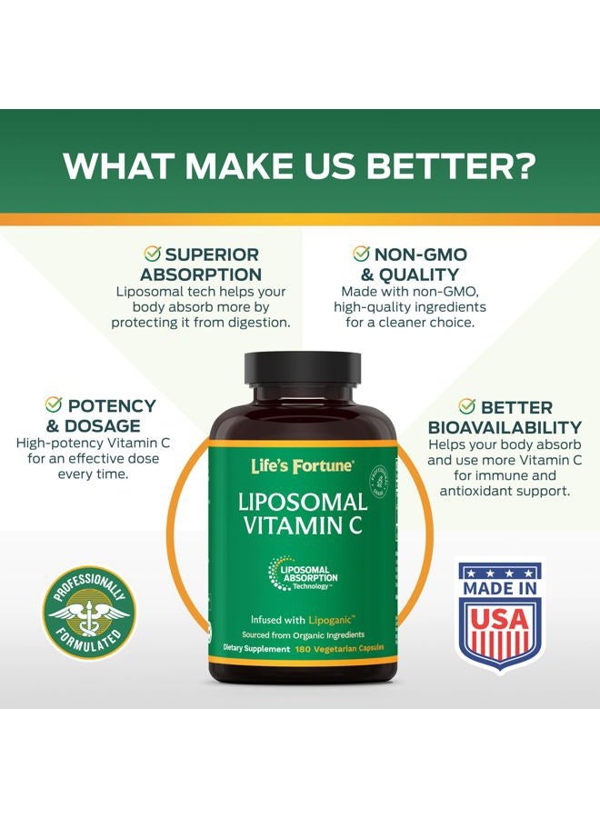 Life's Fortune Liposomal Vitamin C 2100 mg, Fast Acting Absorption, Higher Bioavailability Supporting Immune System, High Antioxidant Supplement Formula – Collagen Booster – 180 Capsules - Image 2