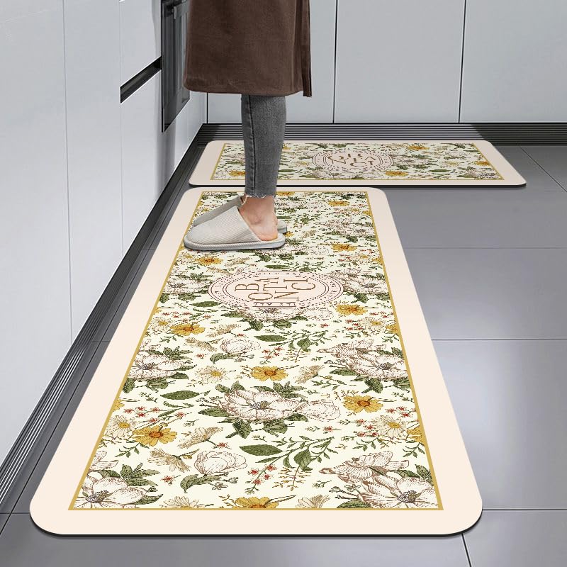 Home-Cloud HomeCloud Rubber Kitchen Mats for Floor Set of 2 Pcs|Non-Skid, Soft Absorbent Rugs for Kitchen, Laundry, and Hallway|120x40cm, 40x60cm| 4mm Thickness (Botanica_Beige_Green) - Image 1