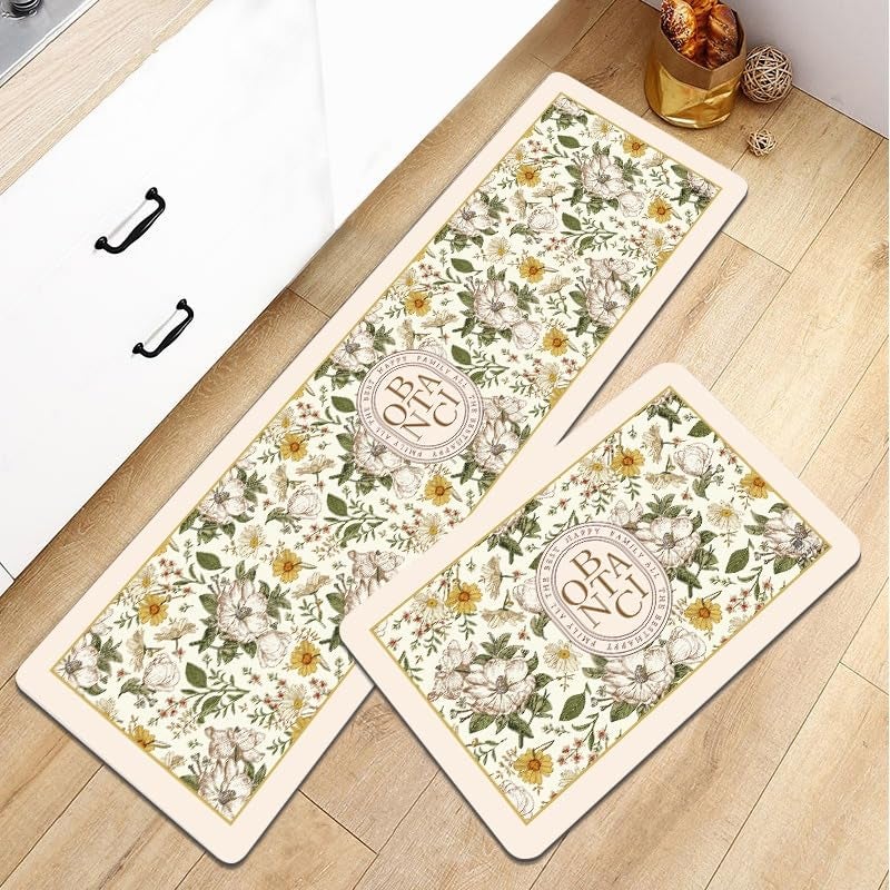 Home-Cloud HomeCloud Rubber Kitchen Mats for Floor Set of 2 Pcs|Non-Skid, Soft Absorbent Rugs for Kitchen, Laundry, and Hallway|120x40cm, 40x60cm| 4mm Thickness (Botanica_Beige_Green) - Image 2