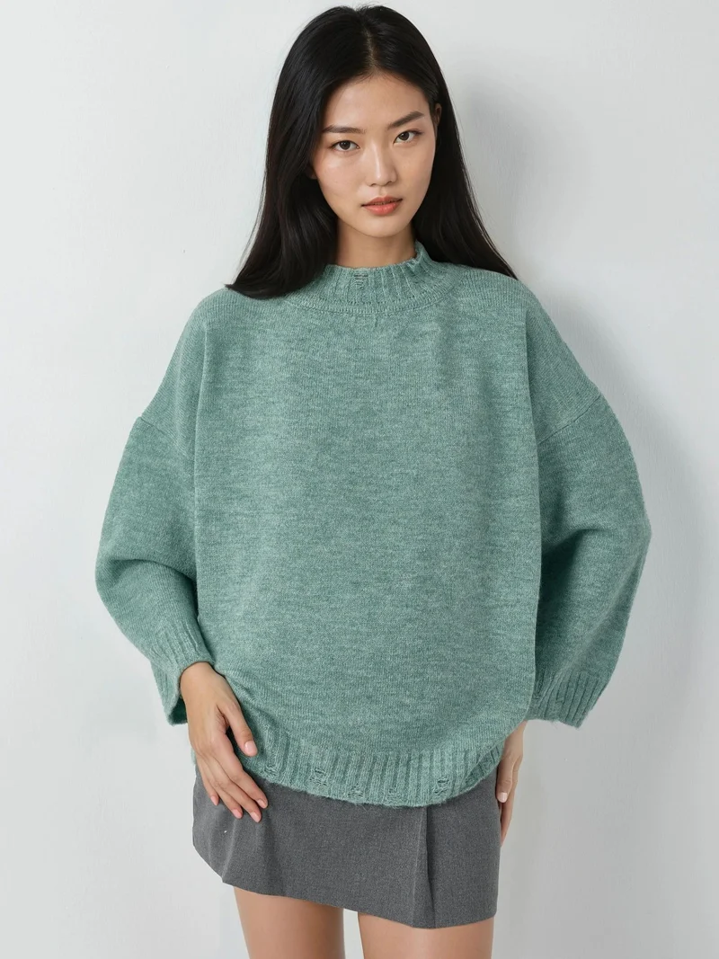 موضتي كنزة صوفية كبيرة الحجم بنقش بارز وياقة دائرية من