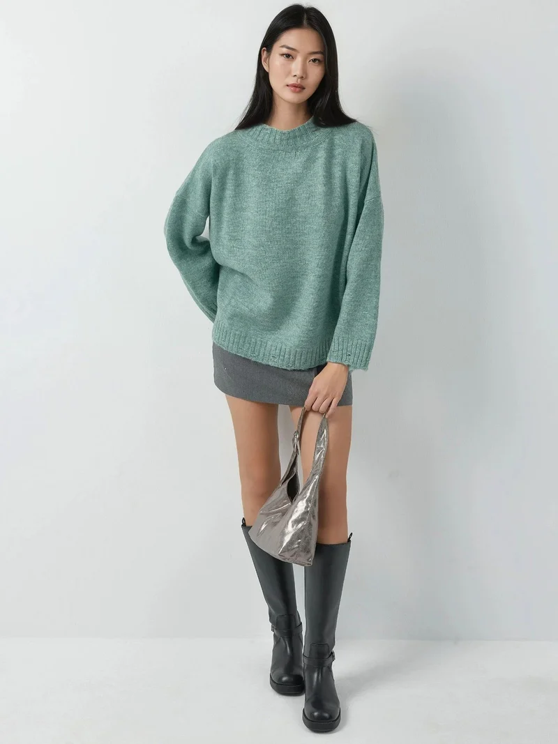 My Fashion Mint Green MY FASHION Oversized Textured Knit Sweater with Crew Neck for Women | Best Price UAE
