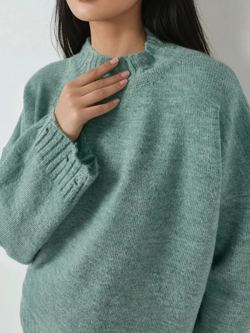 My Fashion Mint Green MY FASHION Oversized Textured Knit Sweater with Crew Neck for Women | Best Price UAE