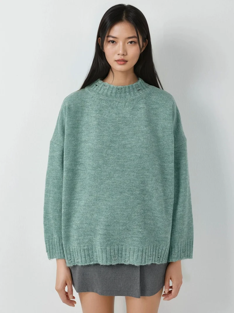 My Fashion Mint Green MY FASHION Oversized Textured Knit Sweater with Crew Neck for Women | Best Price UAE