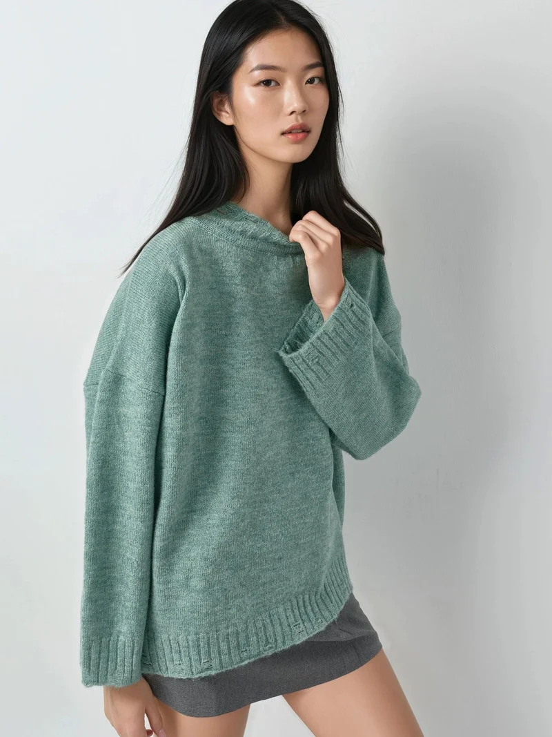 My Fashion Mint Green MY FASHION Oversized Textured Knit Sweater with Crew Neck for Women | Best Price UAE