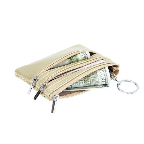 Cynure Women's Genuine Leather Coin Purse Mini Pouch Change Wallet with Keychain, Gold - Image 3