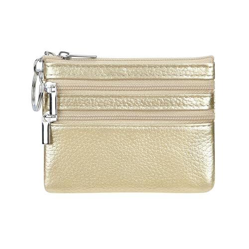 Cynure Women's Genuine Leather Coin Purse Mini Pouch Change Wallet with Keychain, Gold - Image 1