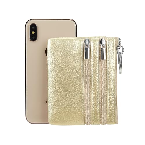 Cynure Women's Genuine Leather Coin Purse Mini Pouch Change Wallet with Keychain, Gold - Image 5