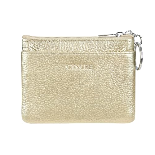 Cynure Women's Genuine Leather Coin Purse Mini Pouch Change Wallet with Keychain, Gold - Image 2