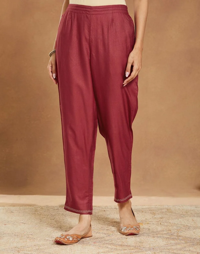 Fabindia Maroon Viscose Silk Embroidered Ethnic Pant