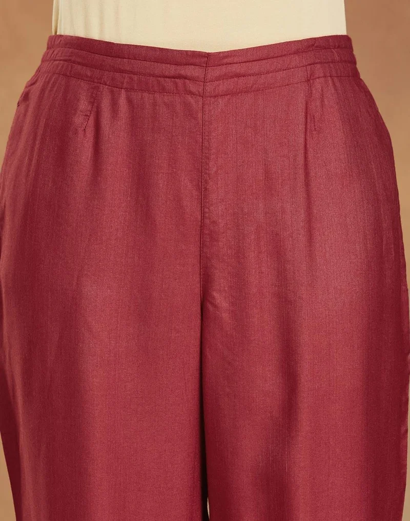 Fabindia Maroon Viscose Silk Embroidered Ethnic Pant