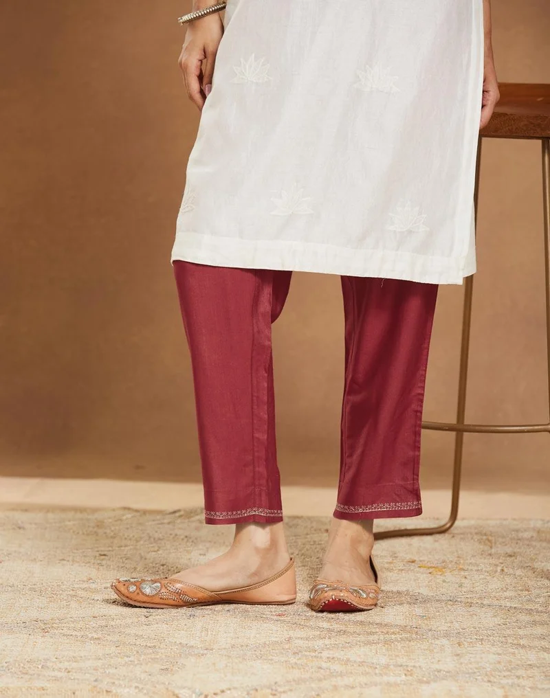 Fabindia Maroon Viscose Silk Embroidered Ethnic Pant
