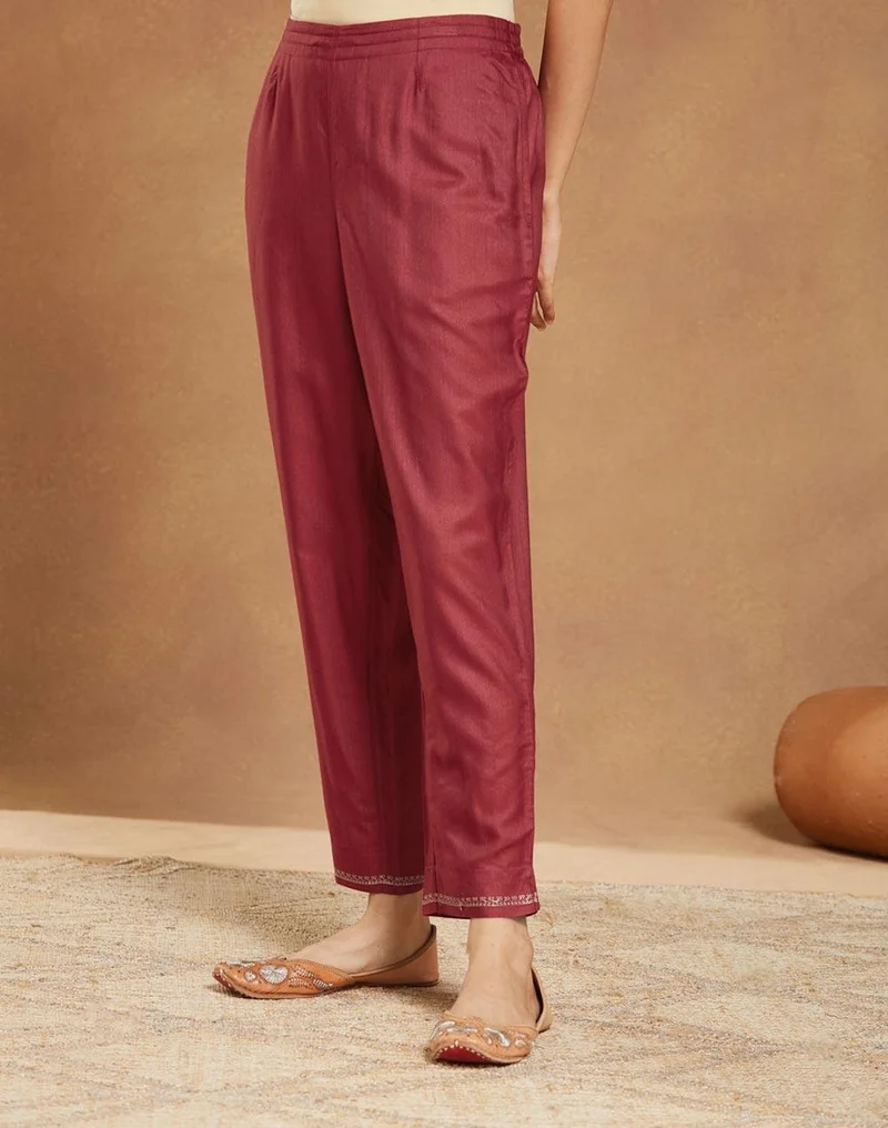 Fabindia Maroon Viscose Silk Embroidered Ethnic Pant