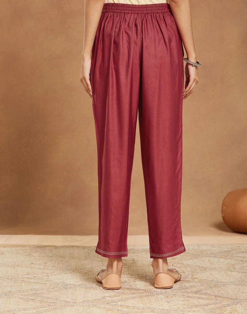 Fabindia Maroon Viscose Silk Embroidered Ethnic Pant